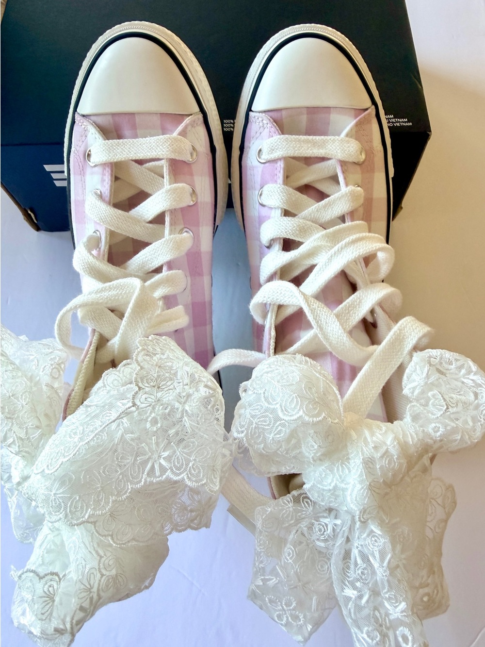 Converse Pink Gingham Platform Chuck Taylor Sneakers with Mint Sole - Picture 8 of 14